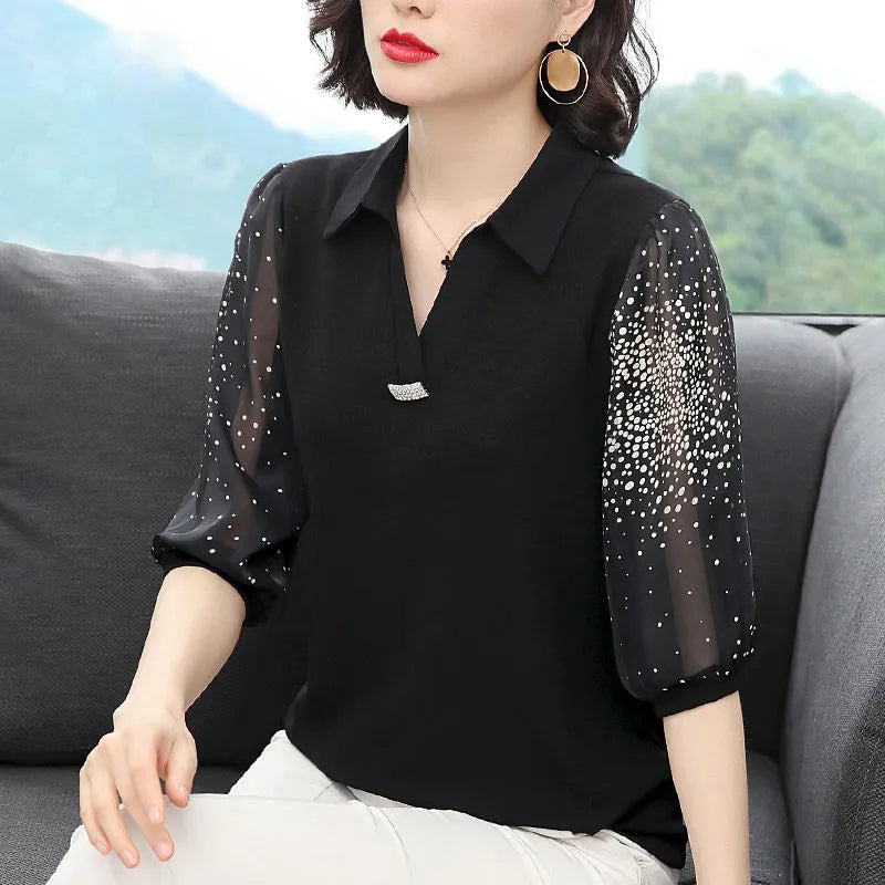 Women Spring Summer Style Chiffon Blouses Shirts Lady Casual Turn-down Collar Patchwork Chiffon Blusas Tops DF3799