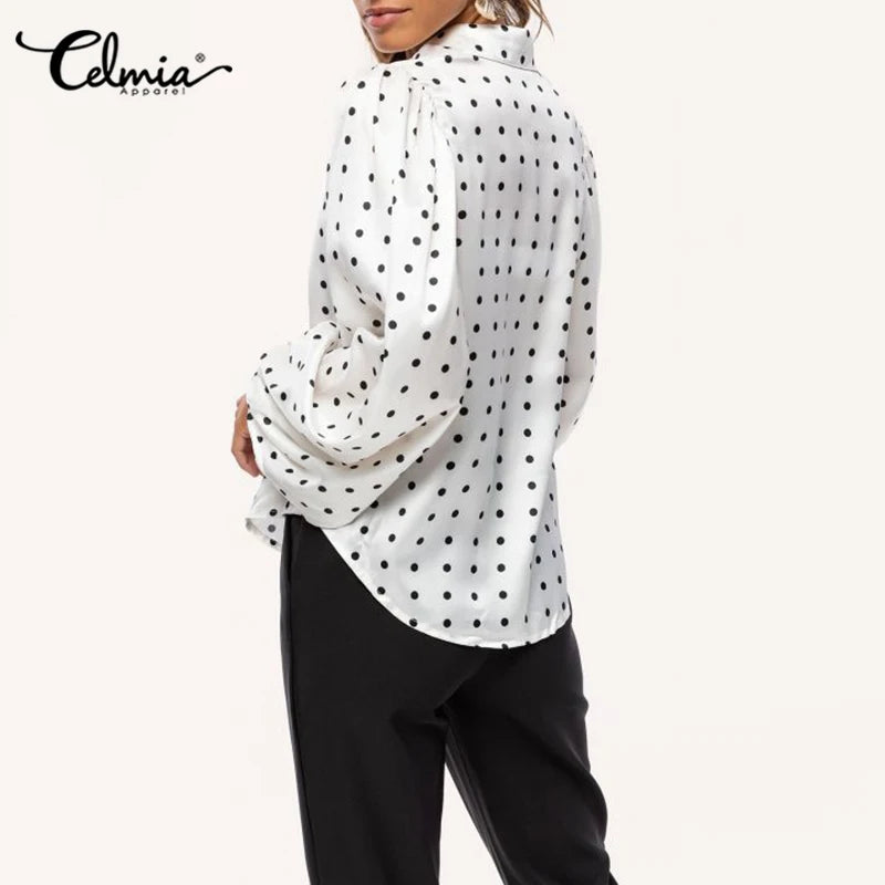 Oversized Women's Blouses Fashion Autumn Party Polka Dot Long Lantern Sleeve Lapel Shirt Celmia Elegant Tops Office Loose Blusas