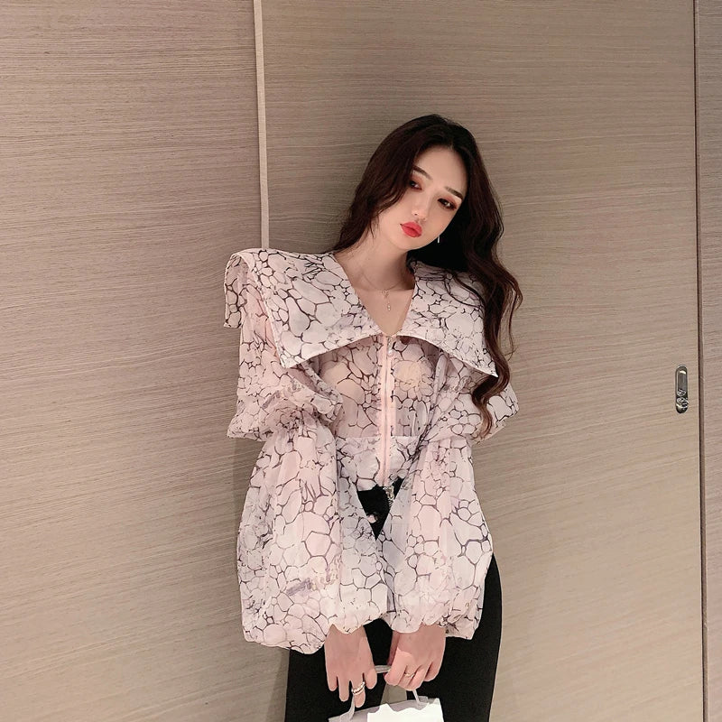 Autumn Women's Big Turn Down Collar Printing Shirt Fashion Female Lantern Sleeve Elegant Top Perspective Zipper Blouses Shirts