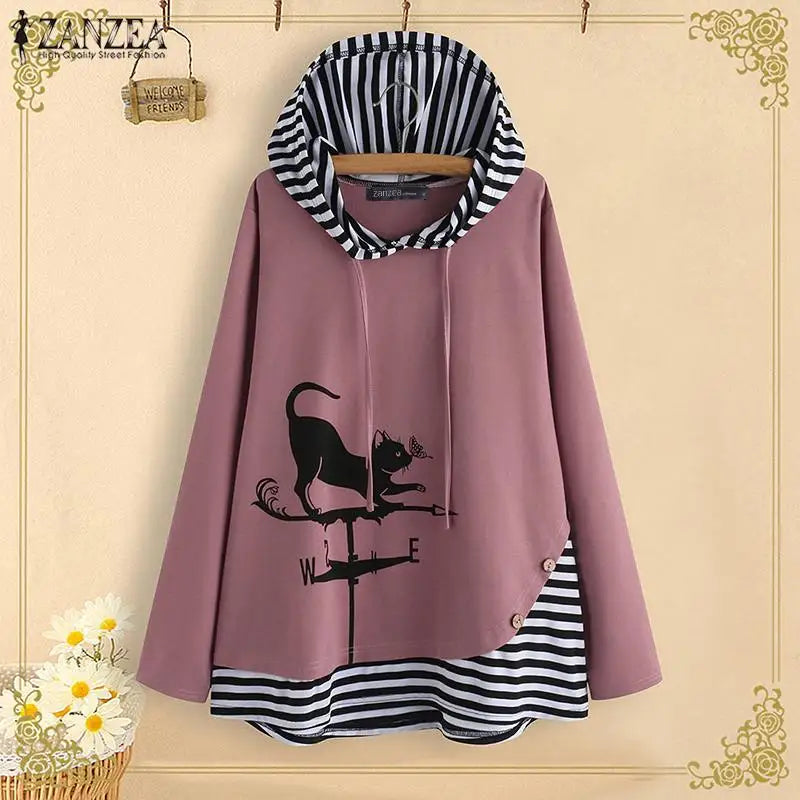 ZANZEA Striped Patchwork Shirts Sping Cat Cartoon Print Tunic Tops Women Hooded Long Sleeve Party Blouse Female Blusas