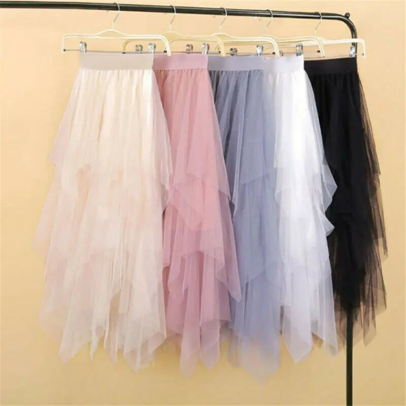 2021 Newest Hot Women's Tulle Skirt Elastic High Waist Underskirt Ballet Irregular Pleated Maxi Skirt Sheer Tutu Tulle Skirts