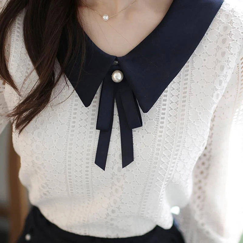 Women Spring Summer Style Chiffon Blouses Shirts Lady Casual Long Sleeve Peter Pan Collar Lace Blusas Tops DF3801