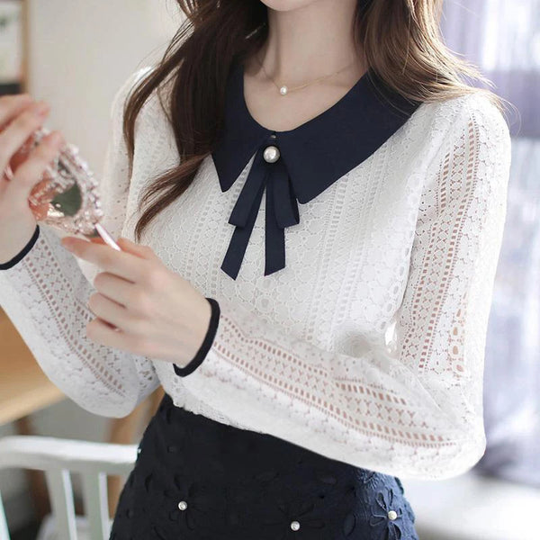 Women Spring Summer Style Chiffon Blouses Shirts Lady Casual Long Sleeve Peter Pan Collar Lace Blusas Tops DF3801