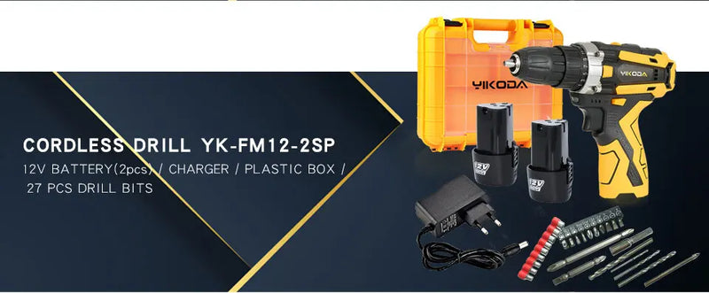 YIKODA 12/16.8/21V Cordless Drill Rechargeable Electric Screwdriver Lithium Battery Household Multi-function 2 Speed Power Tools