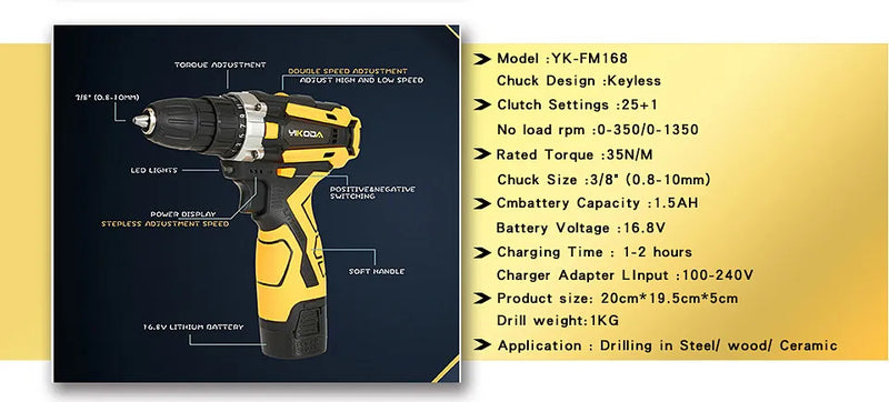 YIKODA 12/16.8/21V Cordless Drill Rechargeable Electric Screwdriver Lithium Battery Household Multi-function 2 Speed Power Tools