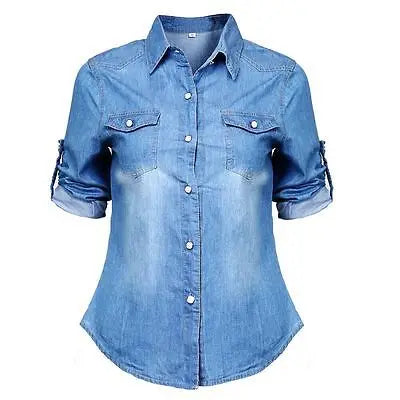 Women Casual Blue Jean Soft Denim Long Sleeve Shirt Tops Blouse Hot Lady Button Pocket Slim Top Sexy Blouse