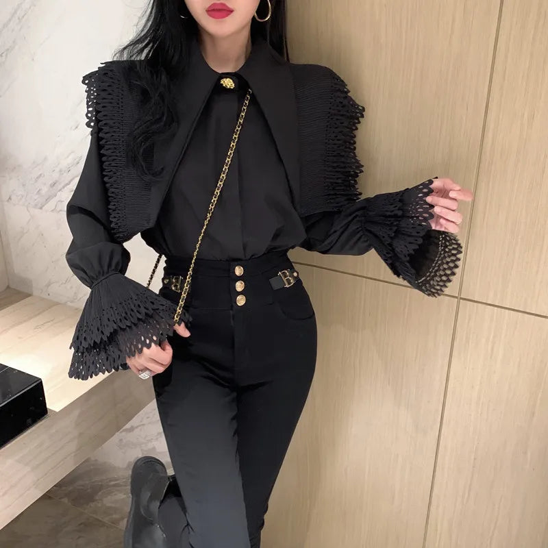 New Fashion Spring Fall White Black Chic Ruffles Lapel Women Blouse Slim Flare Sleeve Female Gold Button Casual Shirt Tops