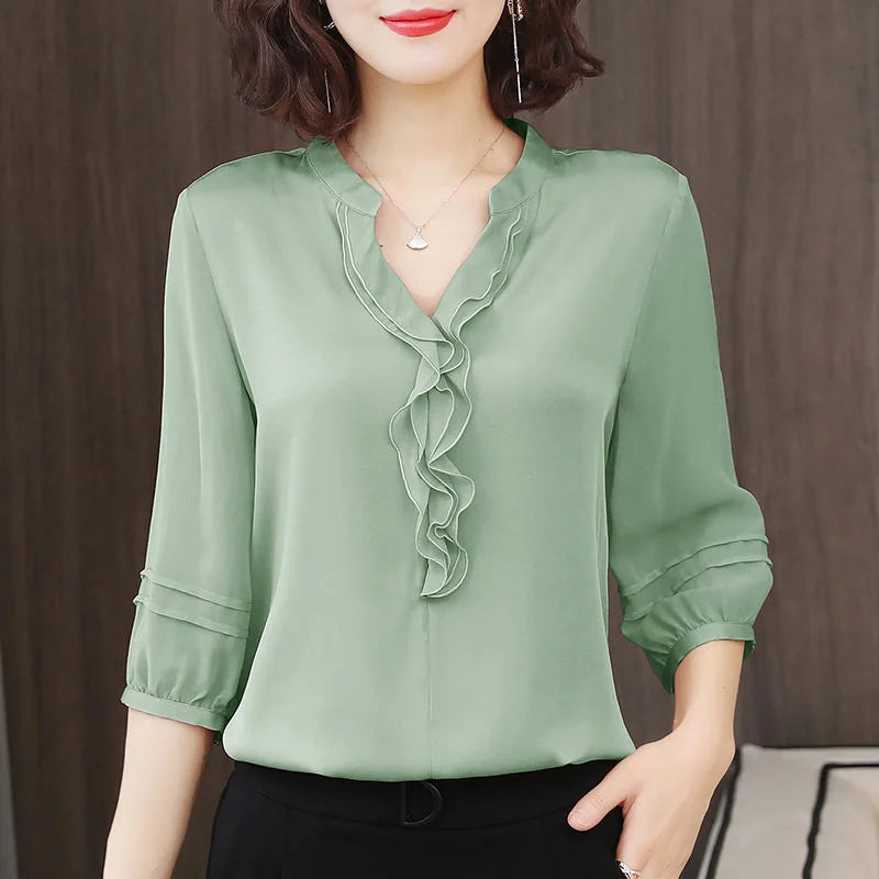 Women Spring Summer Style Chiffon Blouses Shirts Lady Casual Half Lantern Sleeve V-Neck Ruffles Decor Blusas Tops DF3732