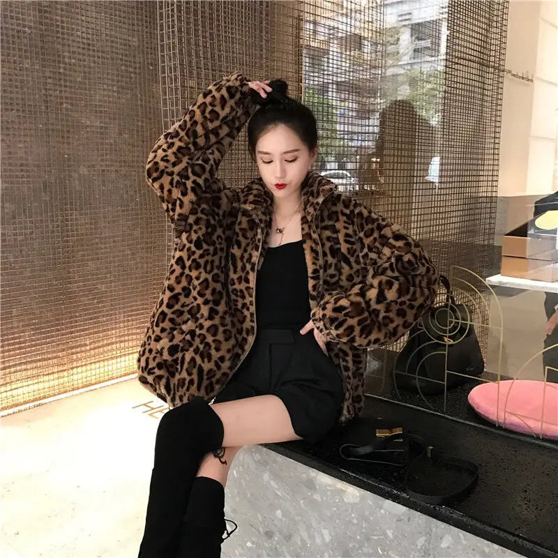 Winter Leopard Print Jacket Women's Stand collar Warm Parkas Outwear 2024 New Autumn Winter Korean Female Loose Faux Fur Coats