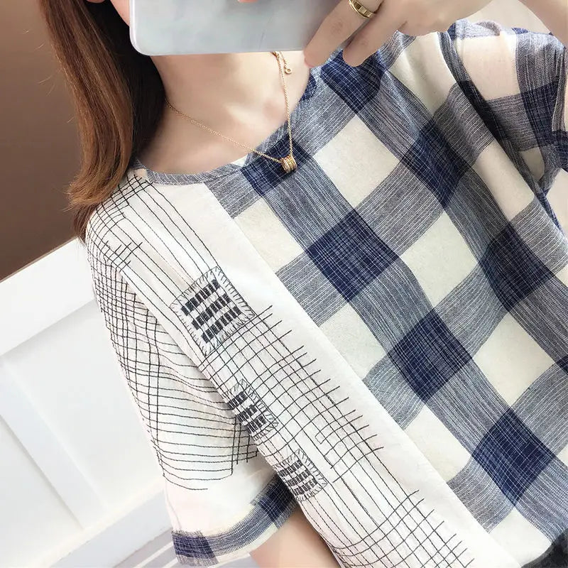 Shirts Women 2022 Ladies Tops Casual 100% Cotton Plaid Shirt Blouse Loose Plus Size Women Clothing Short Sleeve Summer White