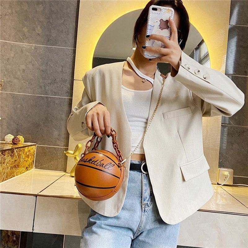 Personality women's bag pu leather basketball bag 2021 new ball purses teenager girls shoulder bags crossbody chain hand bags