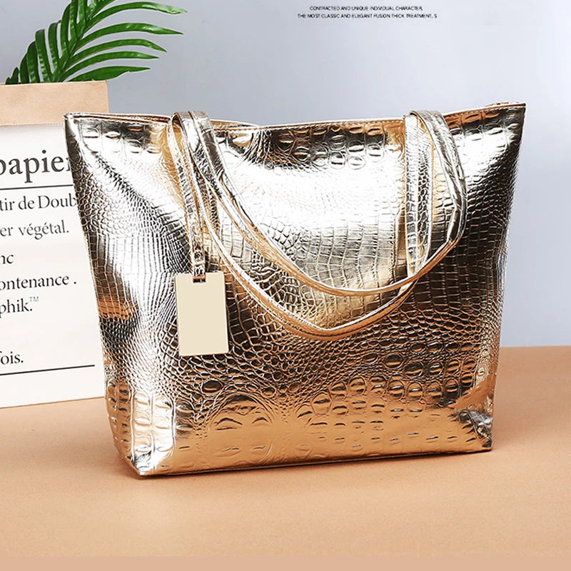 Bags for Women 2021 High Capacity Crocodile-pattern Bags Female PU Shoulder Shopping Gold Ladies Hand Bags Black Alligator Bag 1