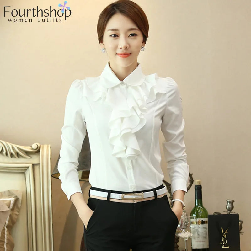 2021 Autumn Fashion Ruffles Design Long Sleeve White Blouse Shirt Female Office Lady Work Formal Shirts and Tops Women XXL