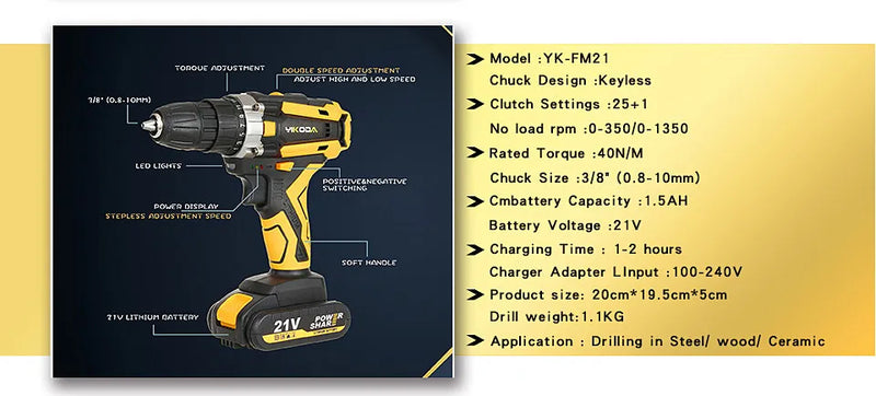 YIKODA 12/16.8/21V Cordless Drill Rechargeable Electric Screwdriver Lithium Battery Household Multi-function 2 Speed Power Tools