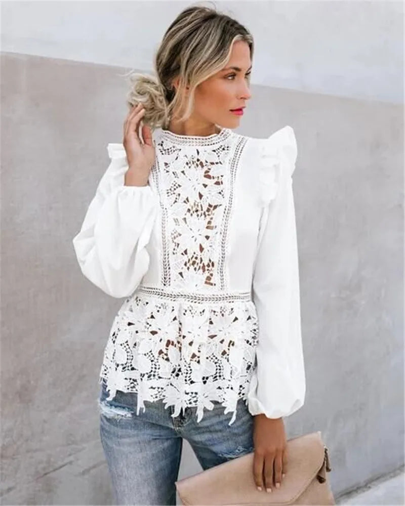 Women Boho Long Sleeve Floral Lace White Tops Blouses Hollow Back Summer Beach Elegant Shirt harajuku femme Clothes Party Tops