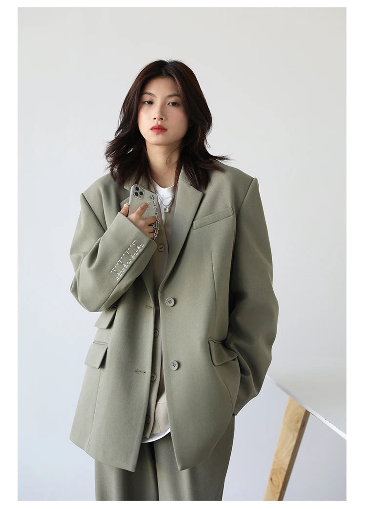 CHICVEN  Women Office Lady Blazer Cuff Embroidery Wide Shoulder Twill Suit Women's Autumn Ladies Outerwear  Stylish Tops