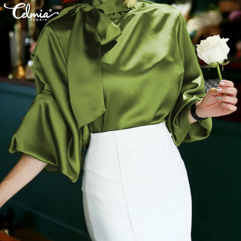 Celmia Satin Silk Blouses Women Fashion Luxury Tops 2023 Autumn Elegant Lantern Sleeve Belted Shirts Casual Bow Tie Party Blusas