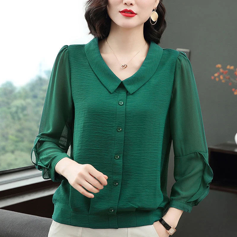 Women Spring Summer Style Chiffon Blouses Shirts Lady Casual Long Sleeve Peter Pan Collar Blusas Tops DF4033