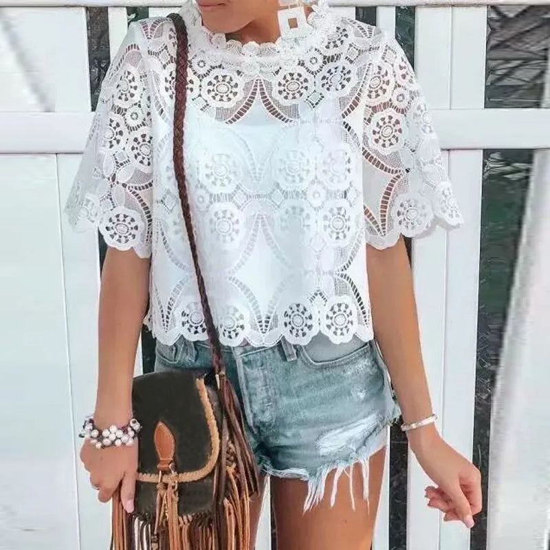 O-Neck White Womens Blouse Vintage Hollow Out Flower Female Ladies Tops Casual Lace Short Sleeve Blouse Shirts Blusas Mujer