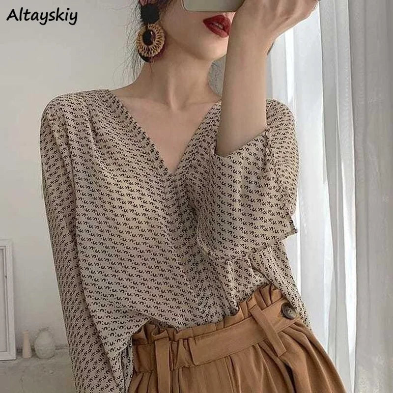 Women Blouses V-neck Printing Long Sleeve Loose Shirts Sun Protection Office Lady Gentle Elegant Chiffon Tops Lazy Blusas Female