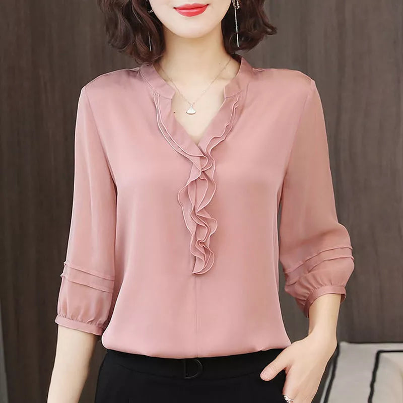 Women Spring Summer Style Chiffon Blouses Shirts Lady Casual Half Lantern Sleeve V-Neck Ruffles Decor Blusas Tops DF3732