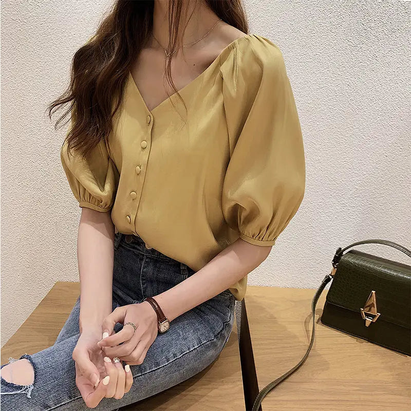 Shirts Women Summer Chiffon M-4XL V-neck Single-breasted Elegant Lantern Sleeve Leisure Korean Style Loose All-match Newest ins