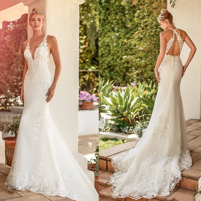 Verngo Mermaid Wedding Dresses Boho Lace Appliques Wedding Gowns Elegant Sleeveless Bride Dress Open Back Trouwjurk Gowns