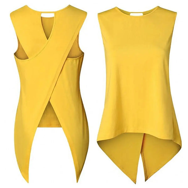 Hot apparel Tank Tops Summer Sexy Women Back Cross Irregular Solid Color Sleeveless Yellow Slim Tank Top Vest