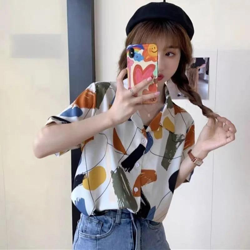 Shirts Women Panelled Geometric Single Breasted Simple Loose Streetwear Japanese Style Trendy Popular Harajuku Retro Female Ins