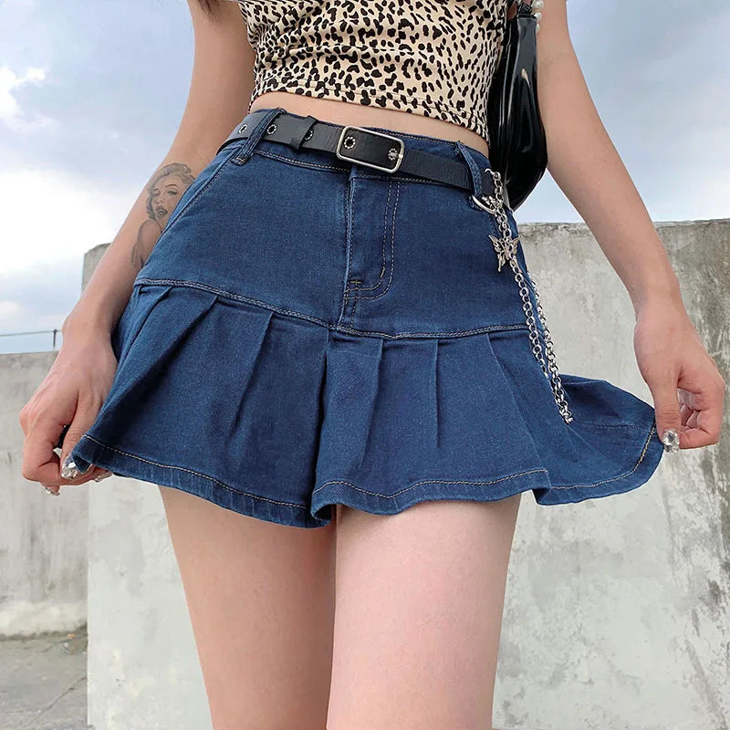 y2k Pink Denim Pleated Skirts Mini Solid Casual Woman Fashion Korean Style High Waist Skirt with Lined Hot Club Party Girls 2020