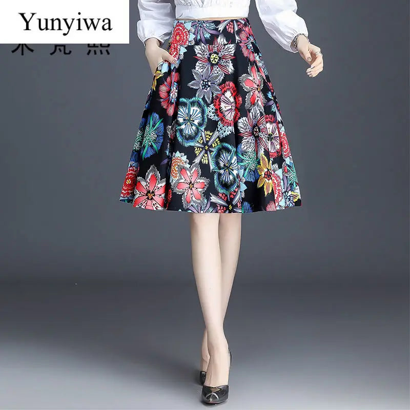 Autumn and Winter High Waist Skirt Printed A- line Big Hem Dress Floral Woman Skirts Mujer Faldas Saias Mulher