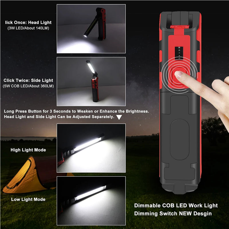 COB LED Work Light Dimmable USB Rechargeable LED Flashlight Inspection Lamp With Magnetic Hook Power Bank 18650 Battery Torch