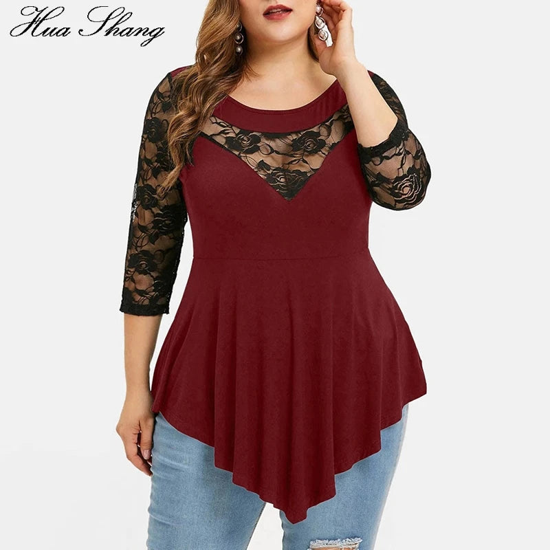 HUA SHANG 2021 Fashion Floral Lace Hollow Out Sexy Tunic Blouse Women Clothing Summer Solid Tops Ladies Ruffles Irregular Blusas