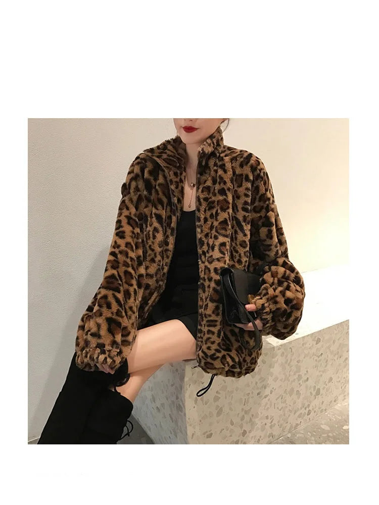 Winter Leopard Print Jacket Women's Stand collar Warm Parkas Outwear 2024 New Autumn Winter Korean Female Loose Faux Fur Coats