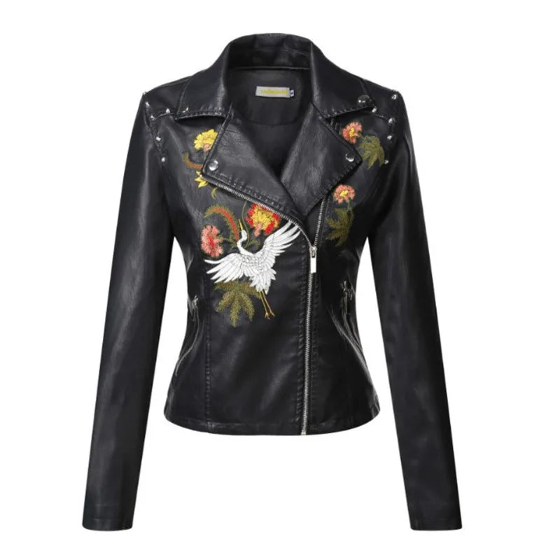 Autumn Flowers Embroidery Pu Leather Jacket Women Turn-down Collar Rivet Zipper Black Biker Coats Tops Clothes Ropa De Mujer