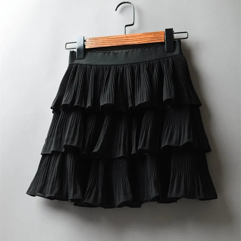 Summer Women Elasticity Waist Mini Skirt Ladies Chiffon Skirt Ladies Casual Cake Skirts Black White Femme Pleated Skirts