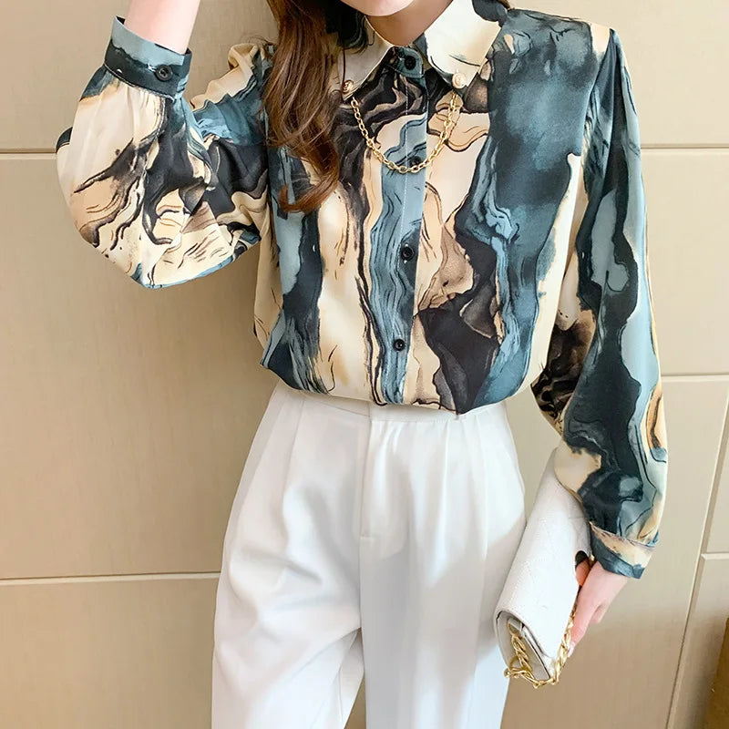 Women's Chiffon Loose Lantern Sleeve Shirt, Temperament Printed Top, Korean Fashion Blouses, New, B019, 2023