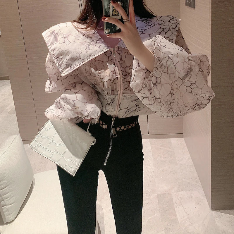 Autumn Women's Big Turn Down Collar Printing Shirt Fashion Female Lantern Sleeve Elegant Top Perspective Zipper Blouses Shirts