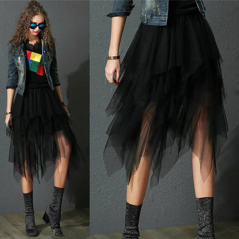 2021 Newest Hot Women's Tulle Skirt Elastic High Waist Underskirt Ballet Irregular Pleated Maxi Skirt Sheer Tutu Tulle Skirts