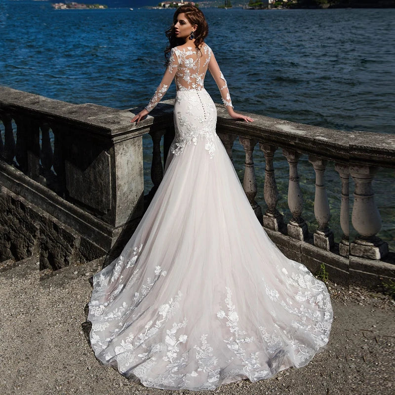 Sexy Illusion Wedding Dresses Mermaid Scoop Long Sleeve Applique Sweep Train Tulle Brial Gown Vestido De Noiva