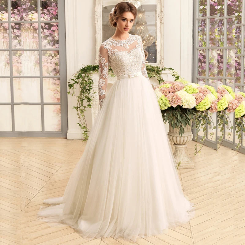 Gorgeous Long Sleeve Wedding Dresses O-Neck Lace A-line Soft Tulle Illusion Bridal Gown Applique  Dress Robe Mariee