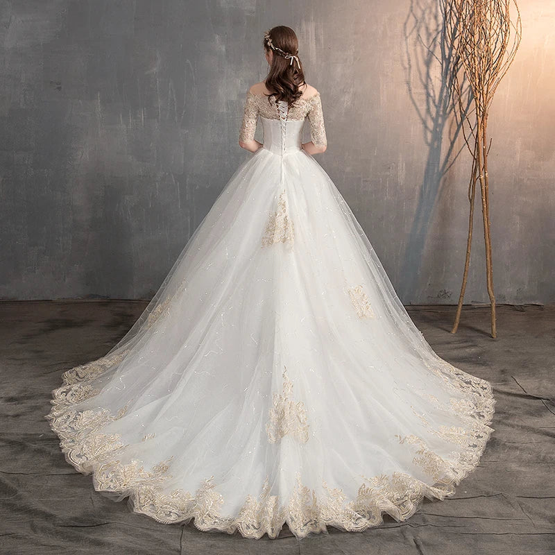 2023 New Off The Shoulder Half Sleeve Wedding Dress Bridal Gown Lace Applique Plus Size Simple Ball Gown Robe De Mariee X