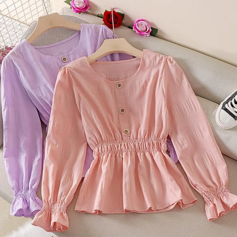 Blouse Women Autumn Ruffled Long Sleeve Shirt Pleated Bell Sleeve Top Blusas Ropa De Mujer