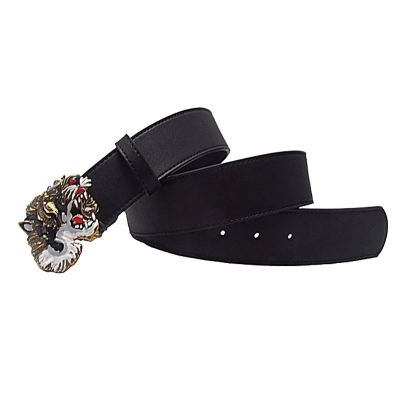 Western Rhinestone Tiger Design Alloy Black Leather Men Belt  Fashion Business  Luxury Pair Jeans Causal Pants Strap
