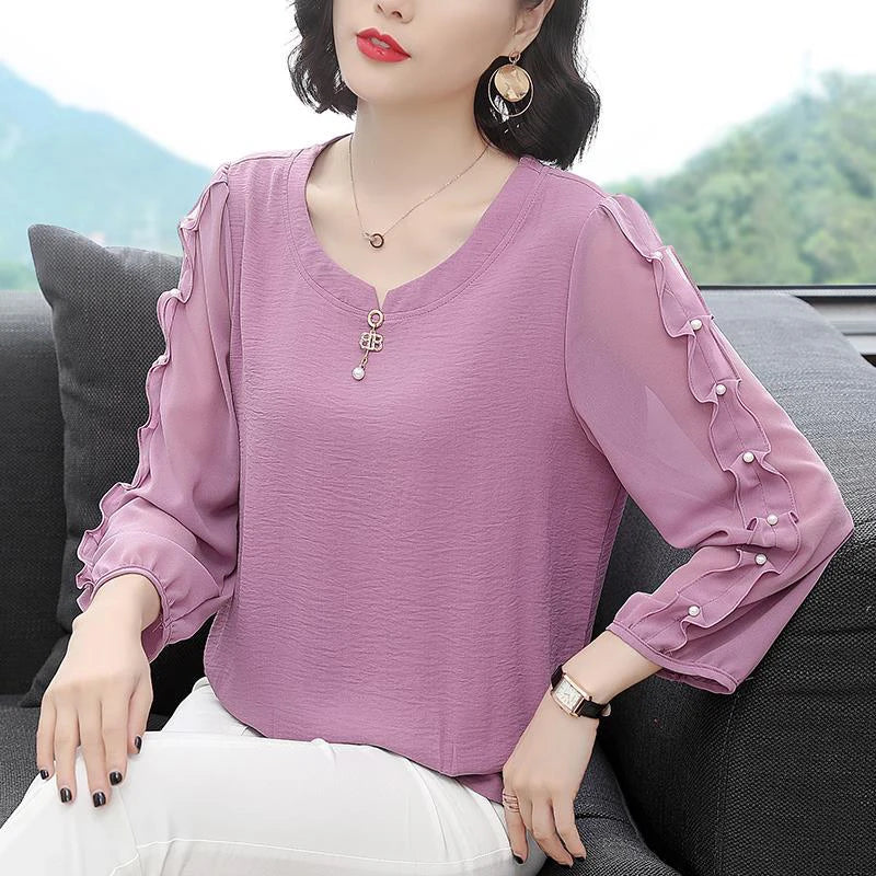 Women Spring Autumn Style Chiffon Blouses Shirts Lady Casual Loose Style Long Sleeve O-Neck Chiffon Blusas Tops DF3057