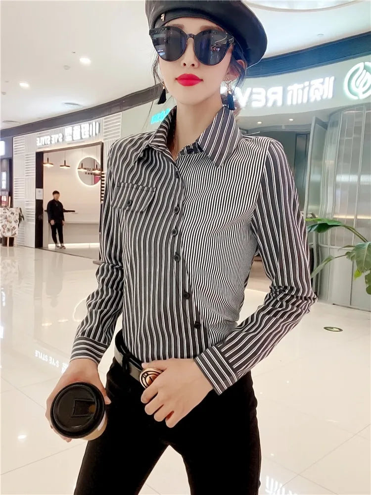 stretchy shirts women office lady striped shirts  women tops and bloues