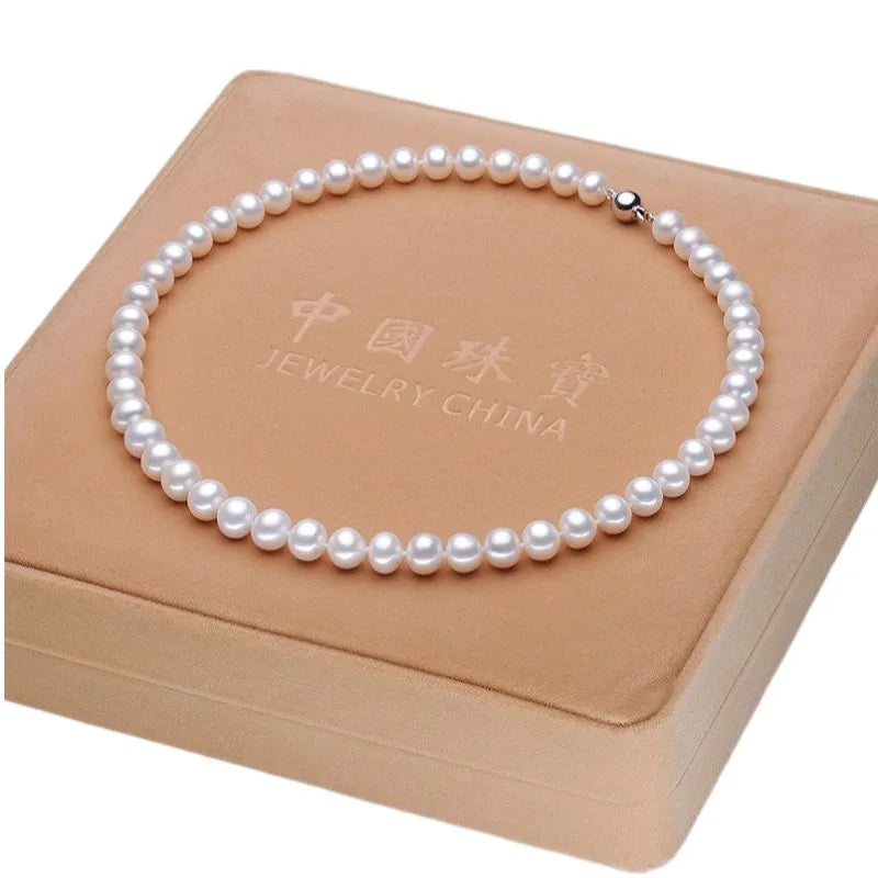 White Near Round Pearl Necklace 8-9mm Natural Freshwater Pearl Jewelry  For Women Classic Engagement  Gift