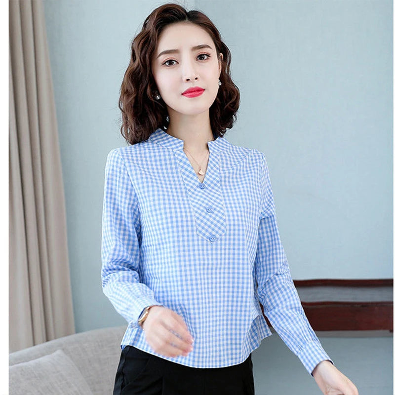 Women's Spring Autumn Style Cotton Blouses Shirt Women's Plaid V-Neck Button Long Sleeve Korean Loose Tops DD9099