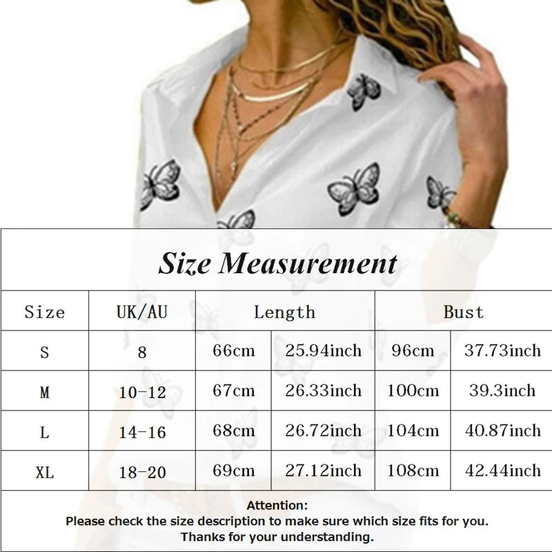 2022 Fashion Butterfly Print Women Blouses Long Sleeve Turn-down Collar Blouse Shirt Casual Tee Tops Elegant Work Shirt