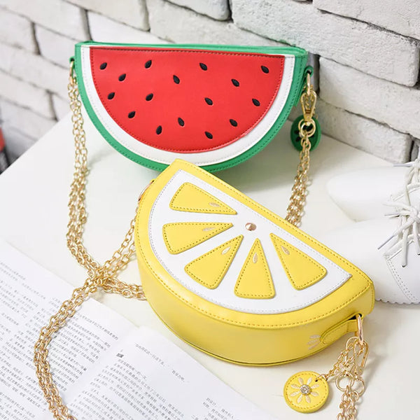 2022 Summer New Female Bag PU Leather Women Bag Cute Fruit Packet Chain Shoulder Messenger Bag Orange Watermelon Strawberry Bag